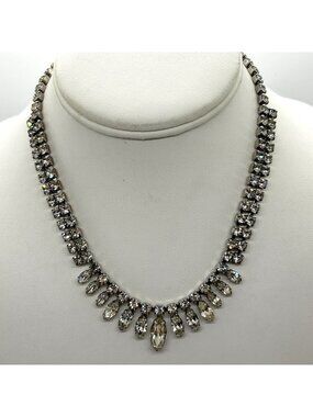 Vintage Silver Tone Clear Rhinestone Choker Necklace Teardrop Navette Marquise A
